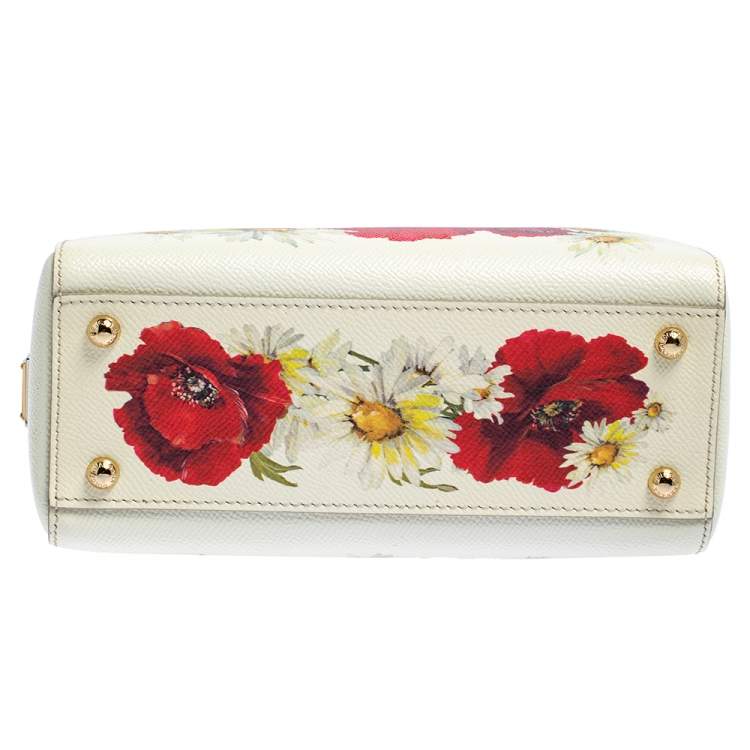 Pre Owned Dolce & Gabbana Off White Floral Print Leather Small Miss Sicily Tote