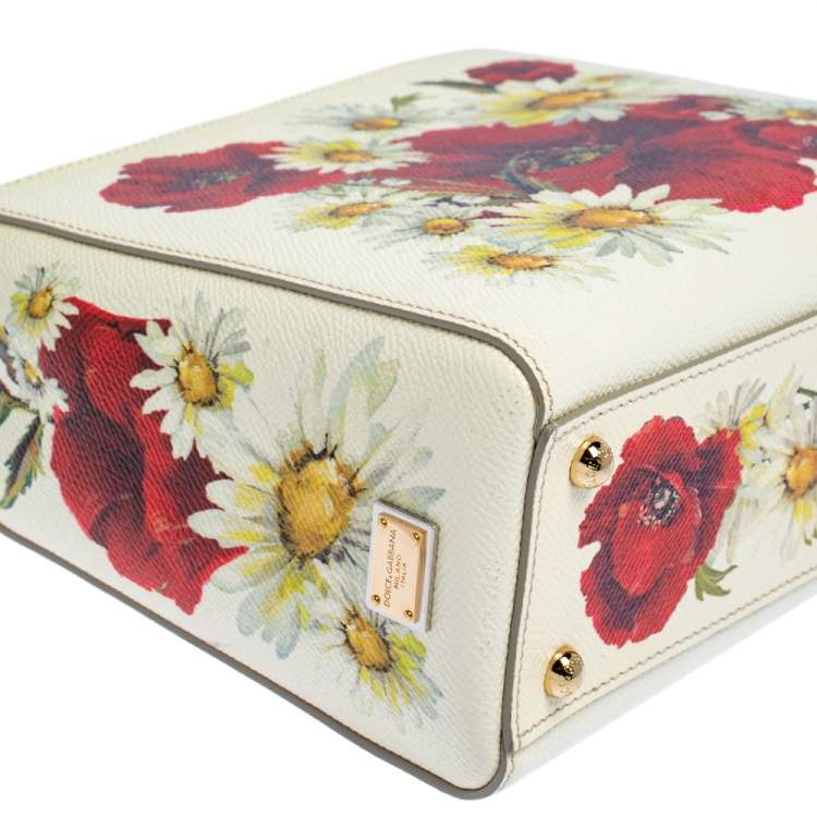 Pre Owned Dolce & Gabbana Off White Floral Print Leather Small Miss Sicily Tote