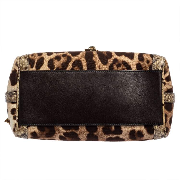 Pre Owned Dolce and Gabbana Brown Leopard Print Canvas and Python Miss Dolce Top Handle Bag