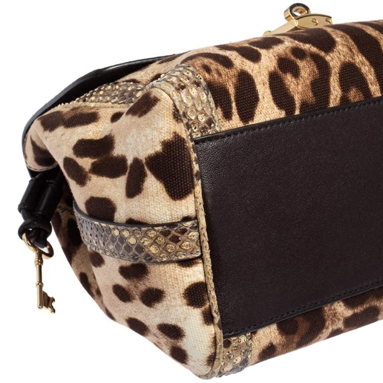 Pre Owned Dolce and Gabbana Brown Leopard Print Canvas and Python Miss Dolce Top Handle Bag