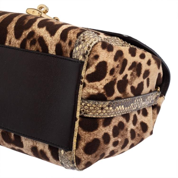 Pre Owned Dolce and Gabbana Brown Leopard Print Canvas and Python Miss Dolce Top Handle Bag