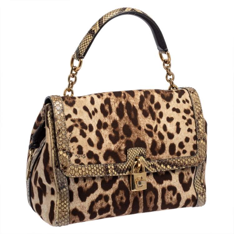 Pre Owned Dolce and Gabbana Brown Leopard Print Canvas and Python Miss Dolce Top Handle Bag