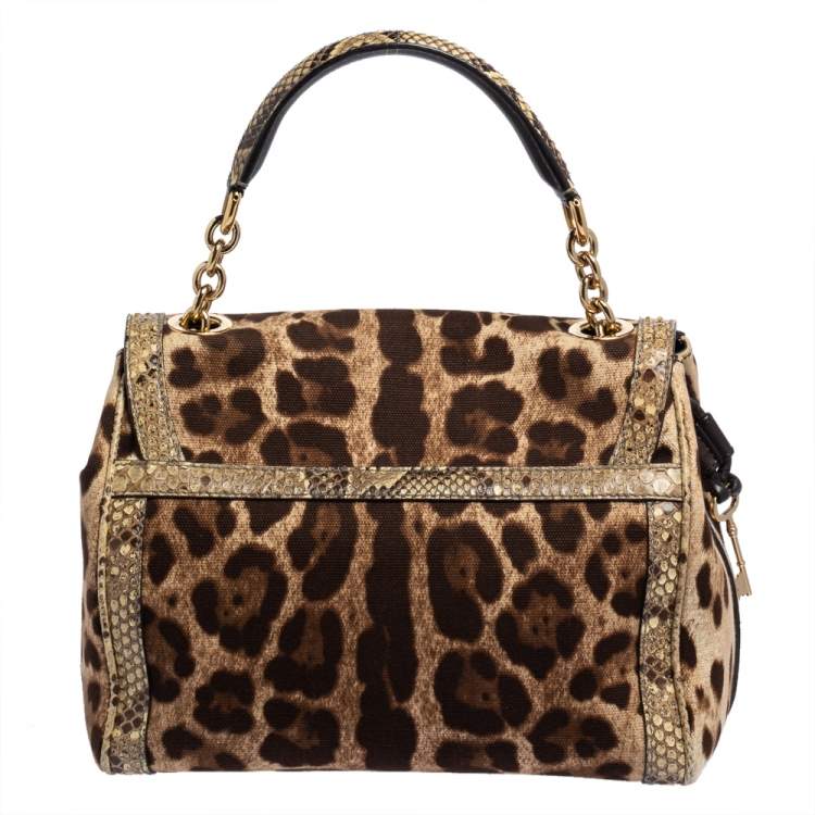 Pre Owned Dolce and Gabbana Brown Leopard Print Canvas and Python Miss Dolce Top Handle Bag