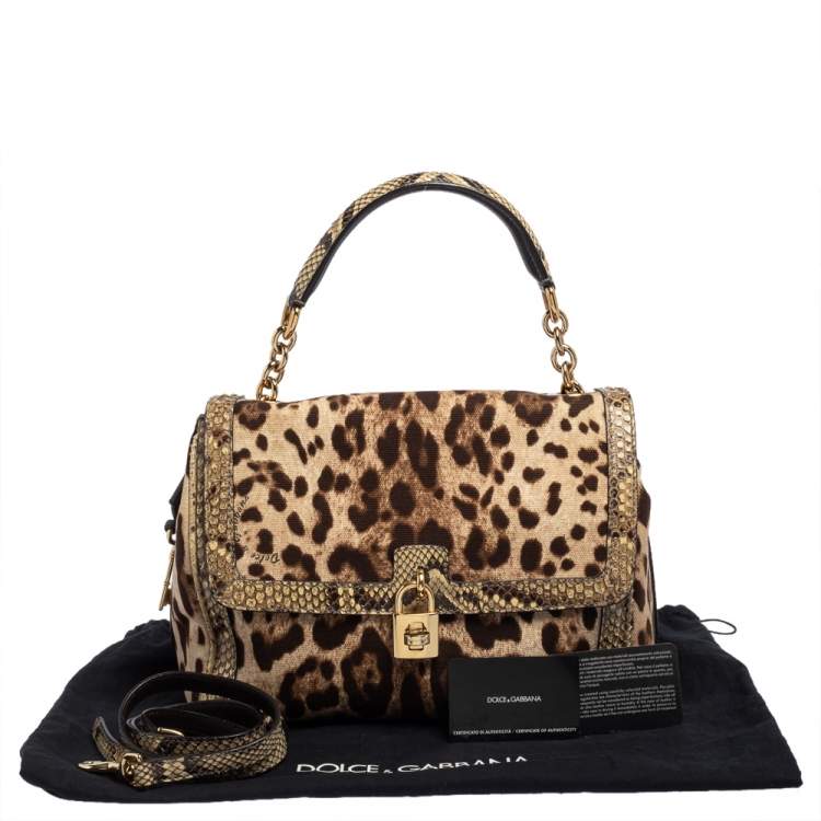 Pre Owned Dolce and Gabbana Brown Leopard Print Canvas and Python Miss Dolce Top Handle Bag