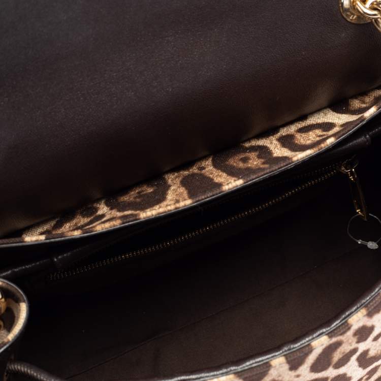 Pre Owned Dolce and Gabbana Brown Leopard Print Canvas and Python Miss Dolce Top Handle Bag