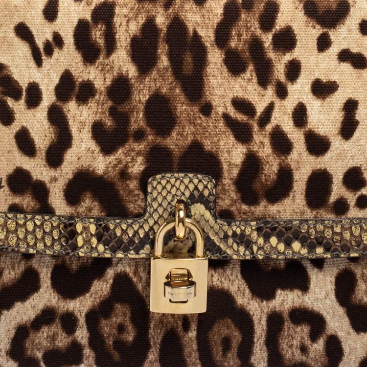 Pre Owned Dolce and Gabbana Brown Leopard Print Canvas and Python Miss Dolce Top Handle Bag