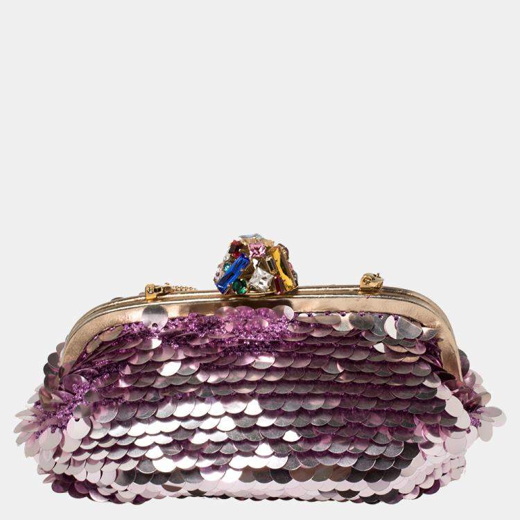 Pre Owned Dolce & Gabbana Pink Sequin Crystal Embellished Lock Frame Chain Clutch