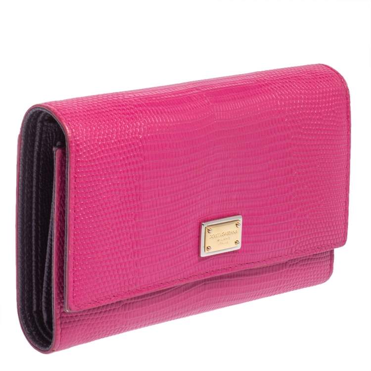 Pre Owned Dolce & Gabbana Pink Lizard Embossed Leather Trifold Wallet