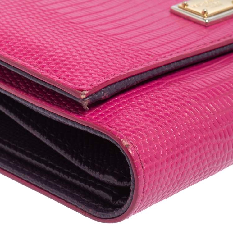 Pre Owned Dolce & Gabbana Pink Lizard Embossed Leather Trifold Wallet