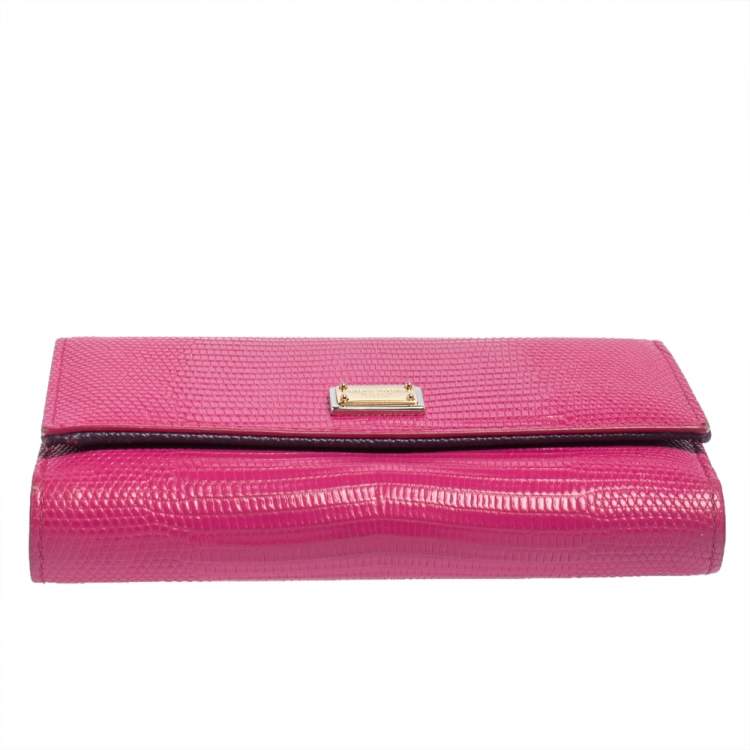 Pre Owned Dolce & Gabbana Pink Lizard Embossed Leather Trifold Wallet