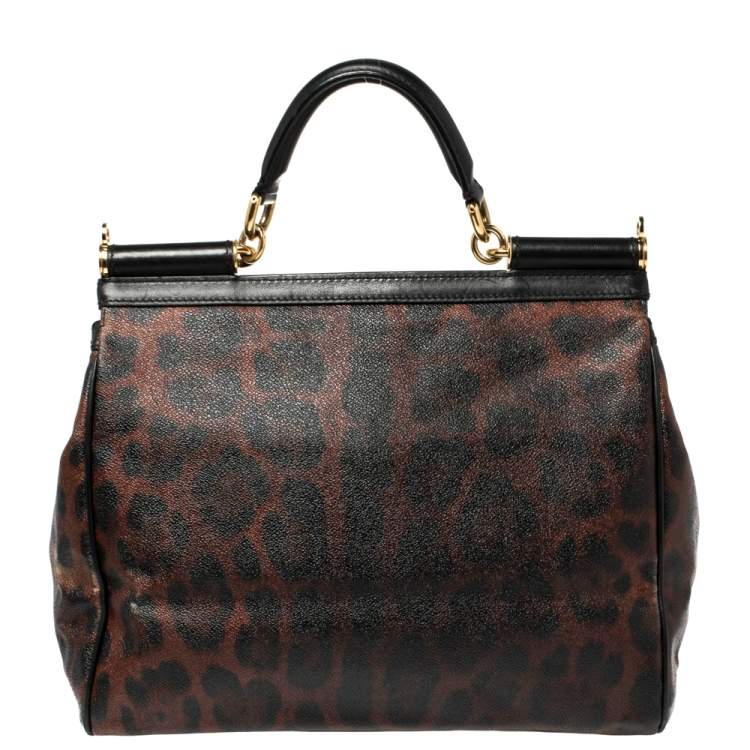 Pre Owned Dolce & Gabbana Brown Leopard Print Coated Canvas Large Miss Sicily Top Handle Bag