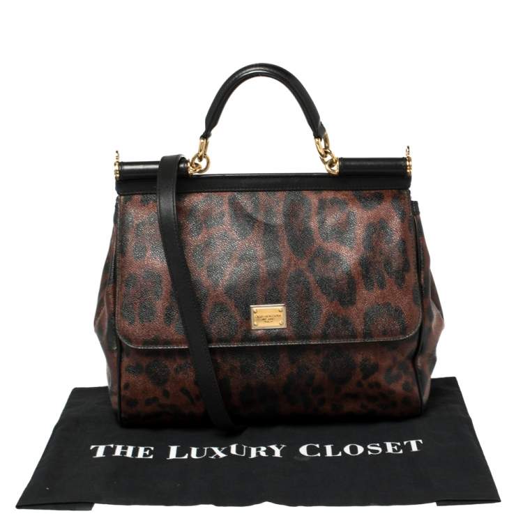 Pre Owned Dolce & Gabbana Brown Leopard Print Coated Canvas Large Miss Sicily Top Handle Bag