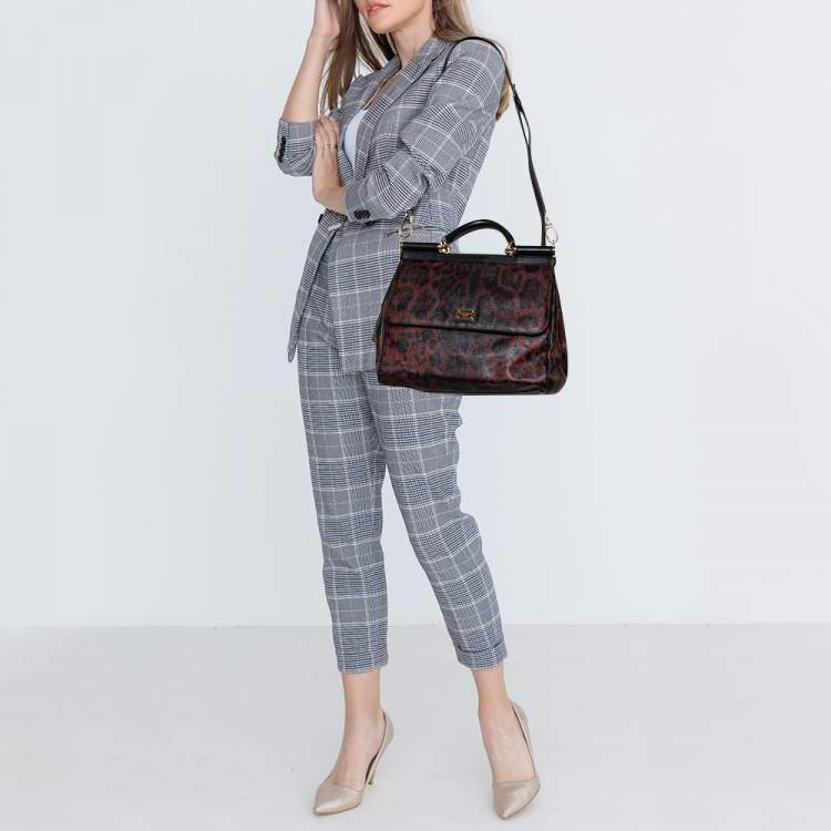 Pre Owned Dolce & Gabbana Brown Leopard Print Coated Canvas Large Miss Sicily Top Handle Bag