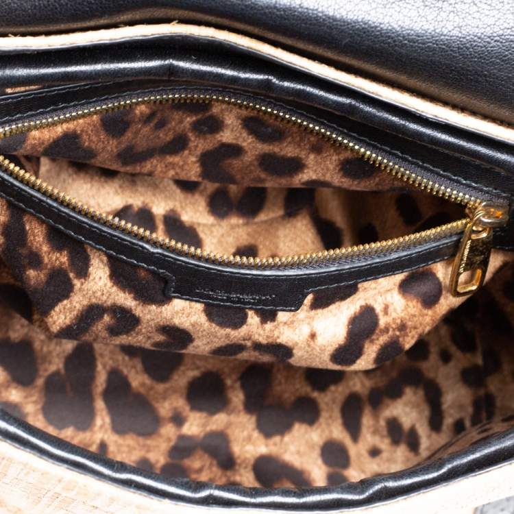 Pre Owned Dolce & Gabbana Beige/Black Raffia and Python Trim Miss Dolce Top Handle Bag