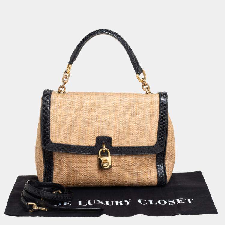 Pre Owned Dolce & Gabbana Beige/Black Raffia and Python Trim Miss Dolce Top Handle Bag