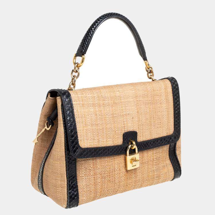 Pre Owned Dolce & Gabbana Beige/Black Raffia and Python Trim Miss Dolce Top Handle Bag