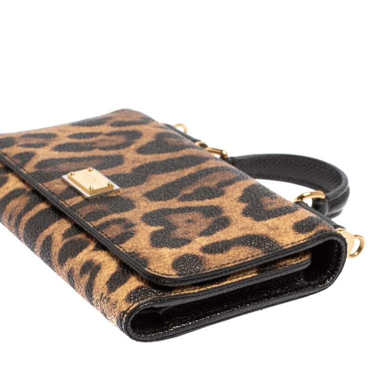 Pre Owned Dolce & Gabbana Brown/Black Leopard Print Leather Miss Sicily Von Wallet on Chain