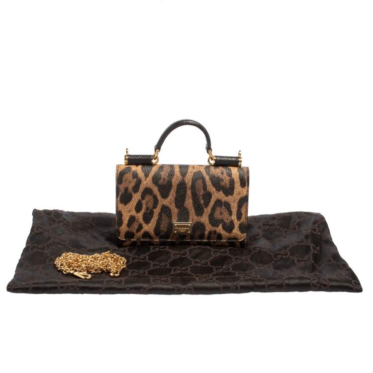 Pre Owned Dolce & Gabbana Brown/Black Leopard Print Leather Miss Sicily Von Wallet on Chain