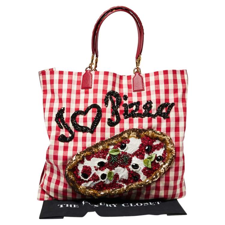 Pre Owned Dolce & Gabbana Red/White Gingham Fabric And Lizard Leather I Love Pizza Sequined Tote