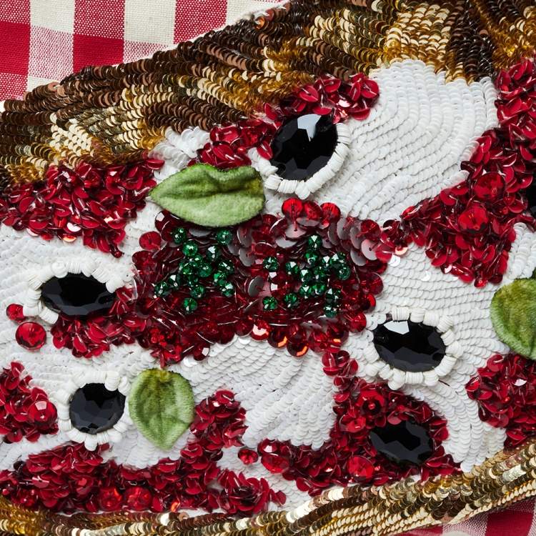 Pre Owned Dolce & Gabbana Red/White Gingham Fabric And Lizard Leather I Love Pizza Sequined Tote