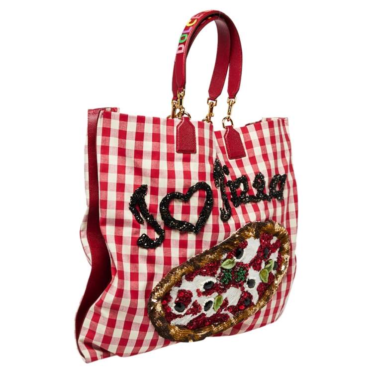 Pre Owned Dolce & Gabbana Red/White Gingham Fabric And Lizard Leather I Love Pizza Sequined Tote