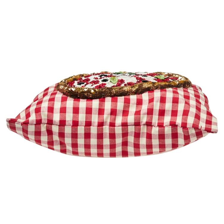 Pre Owned Dolce & Gabbana Red/White Gingham Fabric And Lizard Leather I Love Pizza Sequined Tote