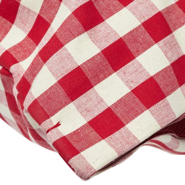 Pre Owned Dolce & Gabbana Red/White Gingham Fabric And Lizard Leather I Love Pizza Sequined Tote