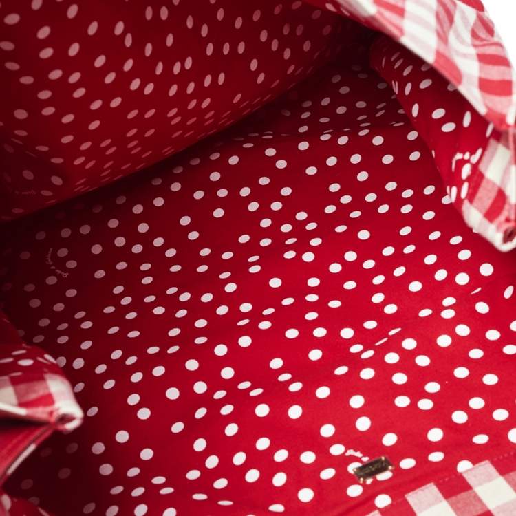 Pre Owned Dolce & Gabbana Red/White Gingham Fabric And Lizard Leather I Love Pizza Sequined Tote