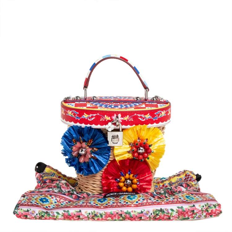 Pre Owned Dolce & Gabbana Multicolor Wicker, Leather and Straw Crystal Embellishment Bag