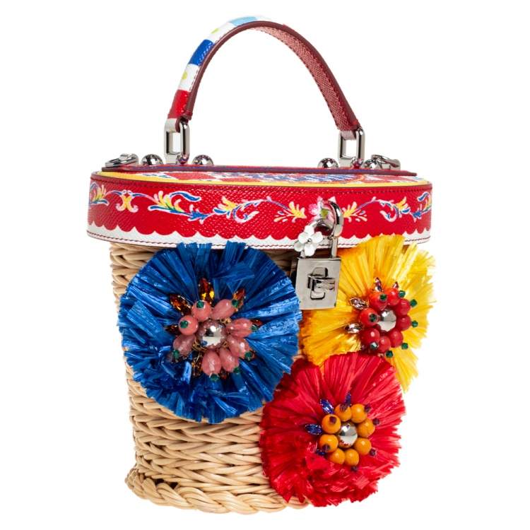 Pre Owned Dolce & Gabbana Multicolor Wicker, Leather and Straw Crystal Embellishment Bag