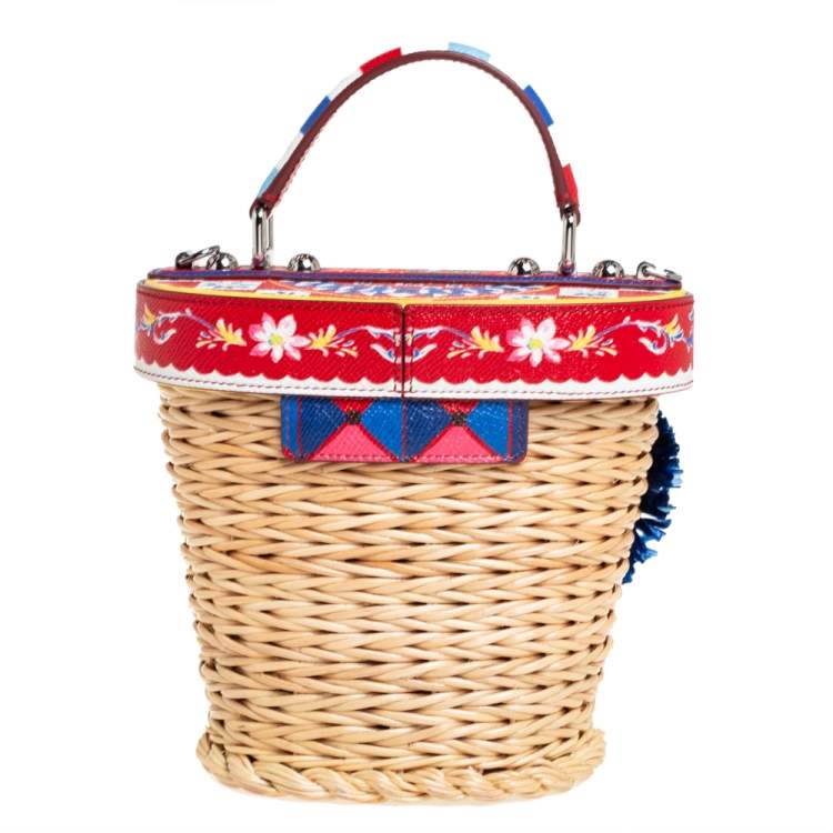 Pre Owned Dolce & Gabbana Multicolor Wicker, Leather and Straw Crystal Embellishment Bag
