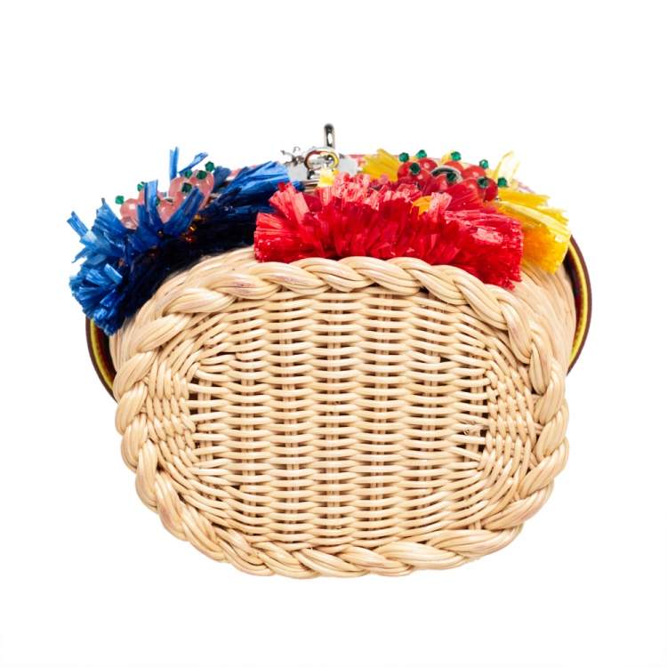 Pre Owned Dolce & Gabbana Multicolor Wicker, Leather and Straw Crystal Embellishment Bag
