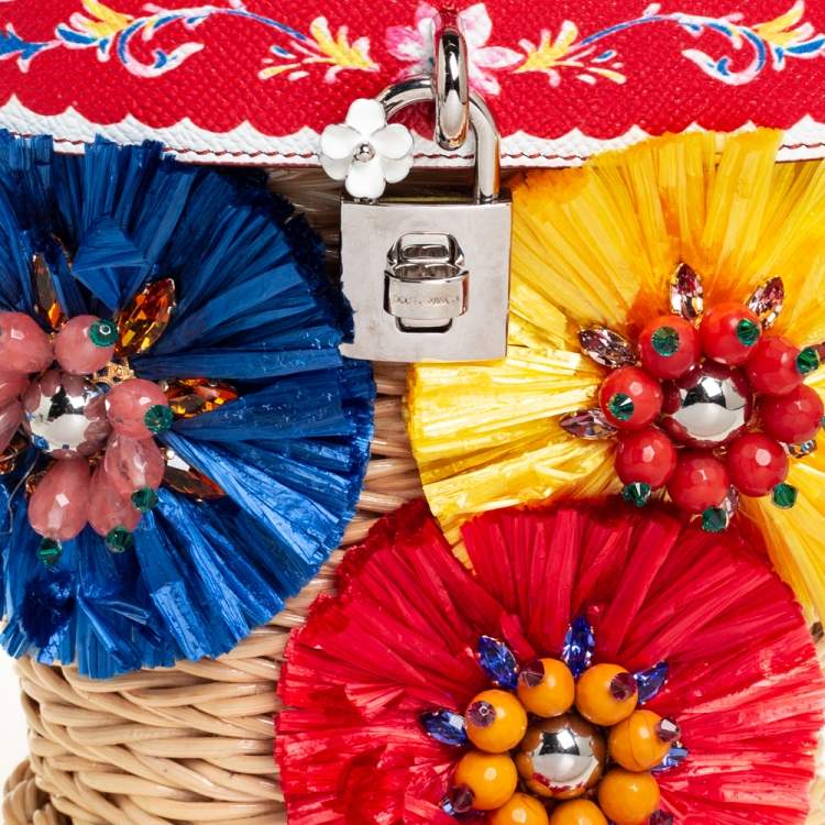 Pre Owned Dolce & Gabbana Multicolor Wicker, Leather and Straw Crystal Embellishment Bag