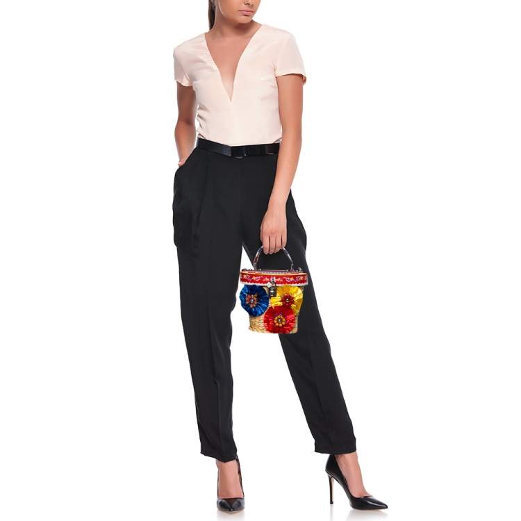 Pre Owned Dolce & Gabbana Multicolor Wicker, Leather and Straw Crystal Embellishment Bag
