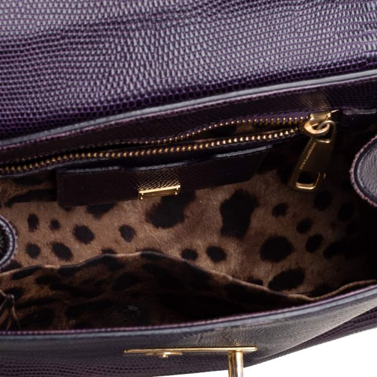 Pre Owned Dolce & Gabbana Dark Purple Lizard Embossed Leather Small Miss Monica Top Handle Bag