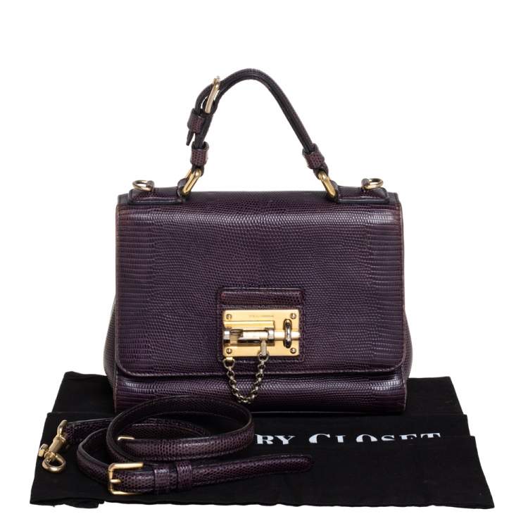 Pre Owned Dolce & Gabbana Dark Purple Lizard Embossed Leather Small Miss Monica Top Handle Bag