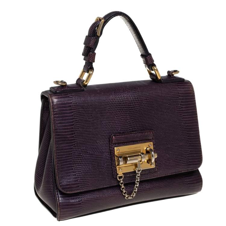 Pre Owned Dolce & Gabbana Dark Purple Lizard Embossed Leather Small Miss Monica Top Handle Bag