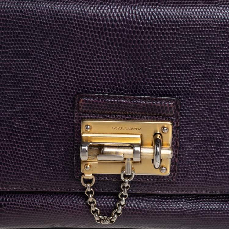 Pre Owned Dolce & Gabbana Dark Purple Lizard Embossed Leather Small Miss Monica Top Handle Bag