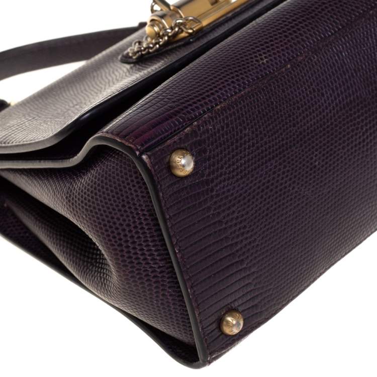 Pre Owned Dolce & Gabbana Dark Purple Lizard Embossed Leather Small Miss Monica Top Handle Bag