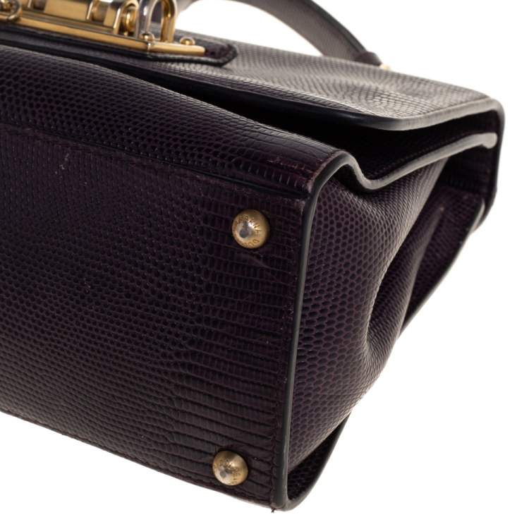Pre Owned Dolce & Gabbana Dark Purple Lizard Embossed Leather Small Miss Monica Top Handle Bag