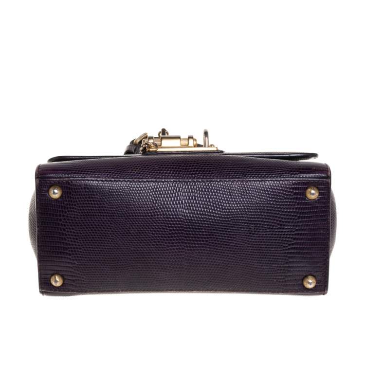 Pre Owned Dolce & Gabbana Dark Purple Lizard Embossed Leather Small Miss Monica Top Handle Bag