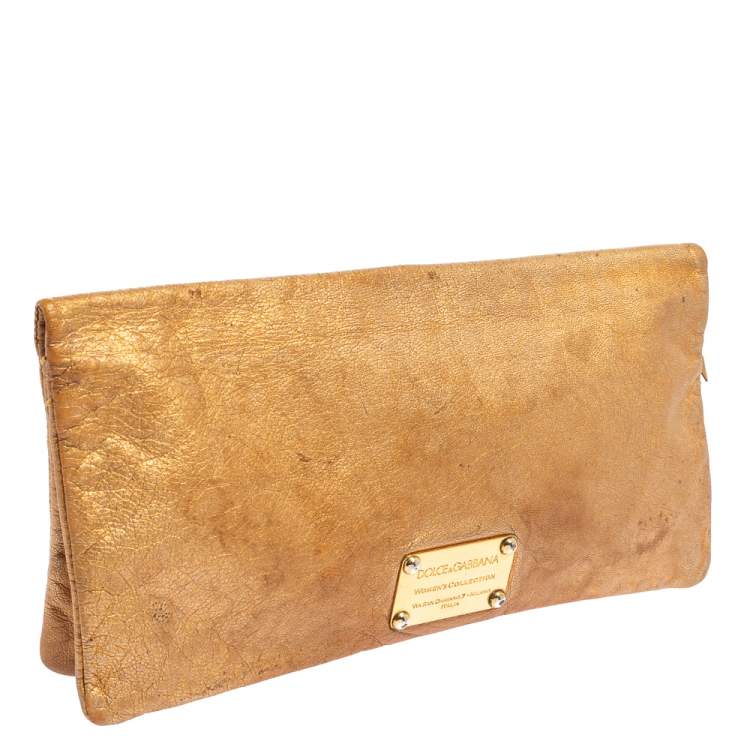 Pre Owned Dolce & Gabbana Gold Leather Bifold Clutch