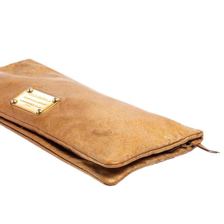 Pre Owned Dolce & Gabbana Gold Leather Bifold Clutch