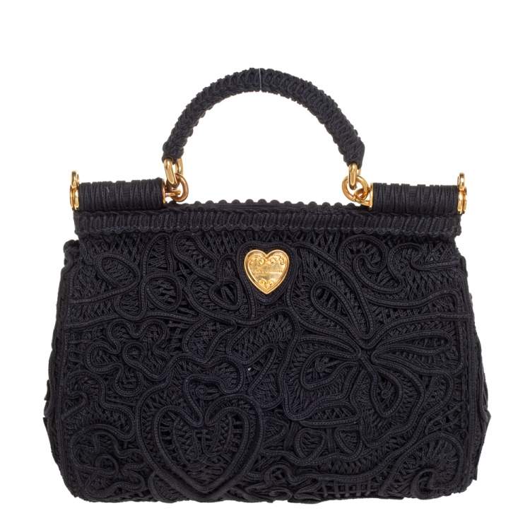 Pre Owned Dolce & Gabbana Black Fabric Medium Sicily Cordonetto Top Handle Bag