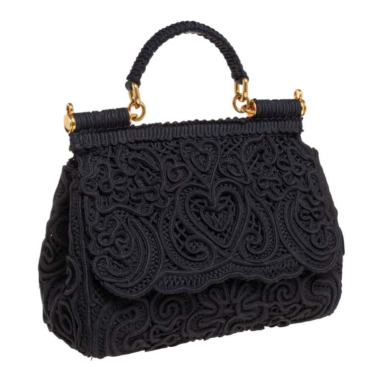 Pre Owned Dolce & Gabbana Black Fabric Medium Sicily Cordonetto Top Handle Bag