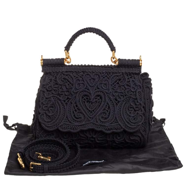 Pre Owned Dolce & Gabbana Black Fabric Medium Sicily Cordonetto Top Handle Bag