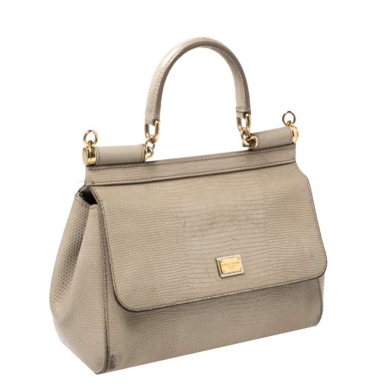 Pre Owned Dolce & Gabbana Grey Lizard Embossed Leather Small Miss Sicily Top Handle Bag
