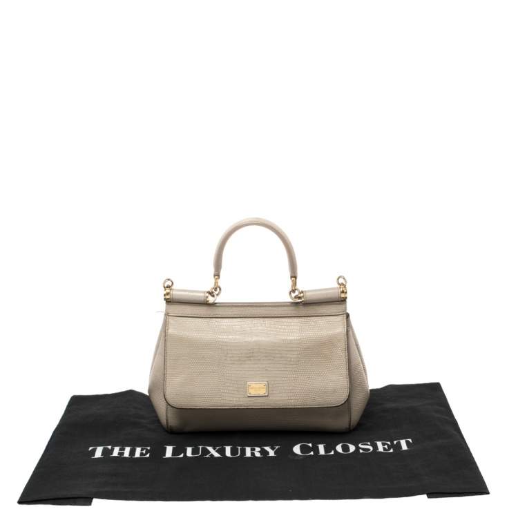 Pre Owned Dolce & Gabbana Grey Lizard Embossed Leather Small Miss Sicily Top Handle Bag