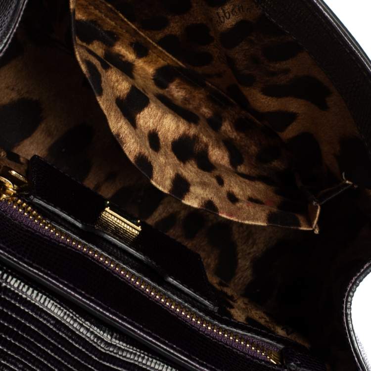 Pre Owned Dolce & Gabbana Dark Purple Lizard Embossed Leather Small Miss Monica Top Handle Bag