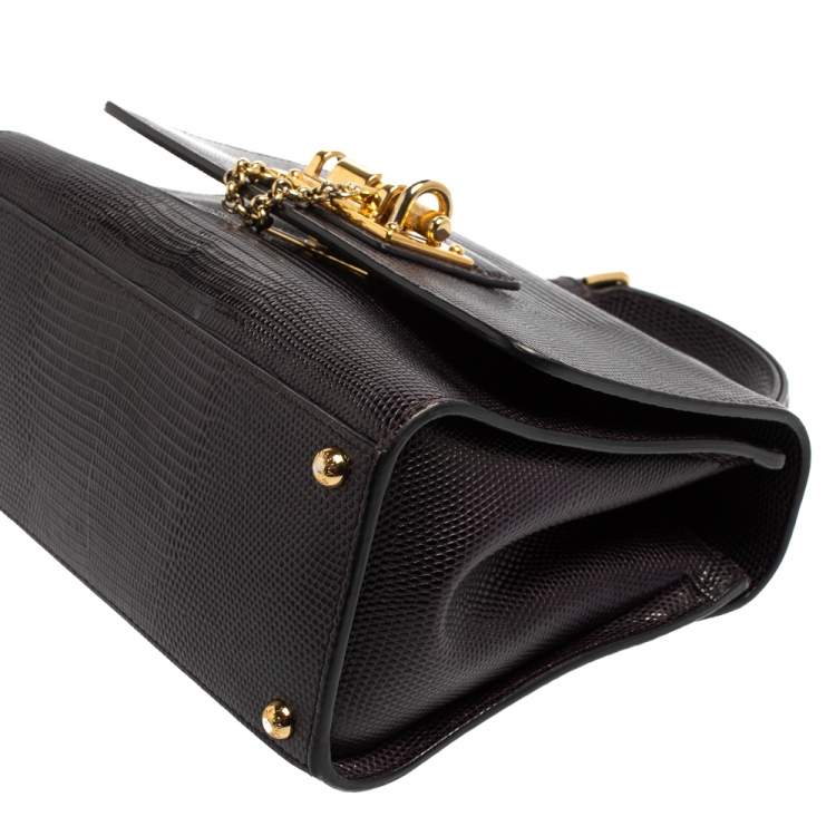Pre Owned Dolce & Gabbana Dark Purple Lizard Embossed Leather Small Miss Monica Top Handle Bag